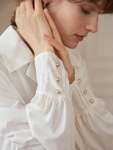 Simple Retro Lapel Neck Bishop Sleeve Modal Blouse - White - View 3