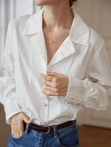 Simple Retro Lapel Neck Bishop Sleeve Modal Blouse - White - View 4