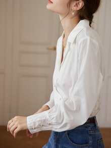Simple Retro Lapel Neck Bishop Sleeve Modal Blouse - White - View 5