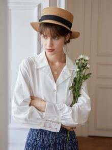 Simple Retro Lapel Neck Bishop Sleeve Modal Blouse - White - View 6