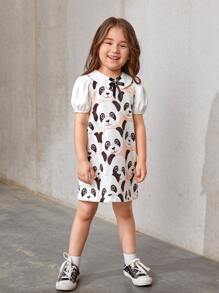 SHEIN Toddler Girls Cartoon Graphic Bow Front Puff Sleeve Dress - Multicolor - View 3