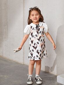SHEIN Toddler Girls Cartoon Graphic Bow Front Puff Sleeve Dress - Multicolor - View 4