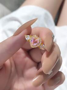 方晶鋯石愛心裝飾開口戒指 - 彩色 - 查看 4