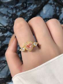 方晶鋯石愛心裝飾開口戒指 - 彩色 - 查看 5