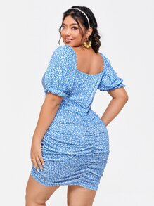 Dreamara Đầm bó sát tay bồng họa tiết hoa Boho cỡ lớn buộc cổ phía trước, dành cho mùa hè - Màu xanh lam - Xem 3