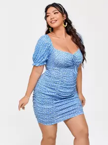 Dreamara Đầm bó sát tay bồng họa tiết hoa Boho cỡ lớn buộc cổ phía trước, dành cho mùa hè - Màu xanh lam - Xem 4