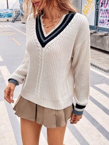 Drop Shoulder Cable Knit Cricket Jumper - Beige - View 6