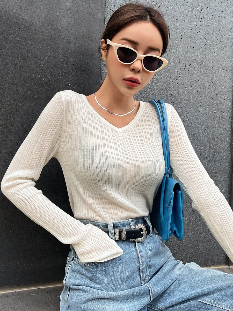 DAZY Solid V Neck Jumper - White - View 1