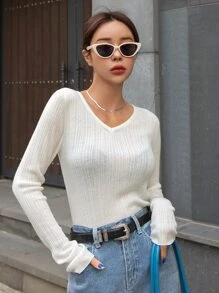 DAZY Solid V Neck Jumper - White - View 4