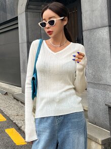 DAZY Solid V Neck Jumper - White - View 6