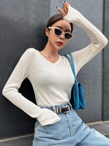 DAZY Solid V Neck Jumper - White - View 8