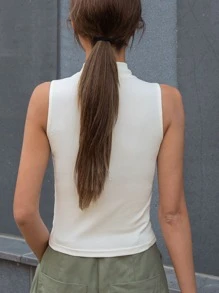 DAZY Mock Neck Ribbed Knit Tank Top - White - View 2