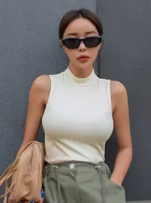 DAZY Mock Neck Ribbed Knit Tank Top - White - View 4