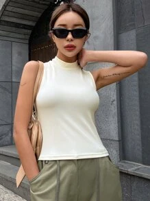 DAZY Mock Neck Ribbed Knit Tank Top - White - View 5