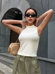 DAZY Mock Neck Ribbed Knit Tank Top - White - View 6