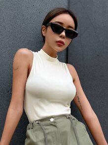 DAZY Mock Neck Ribbed Knit Tank Top - White - View 7