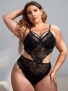 Plus Bow Front Cut Out Lace Teddy Bodysuit - Black - View 1