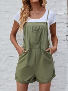 Roll Hem Overall Romper Without Top - Army Green - View 6