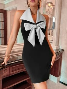 Vestido ajustado de cuello en contraste de espalda abierta con lazo delantero halter - Negro - Ver 4