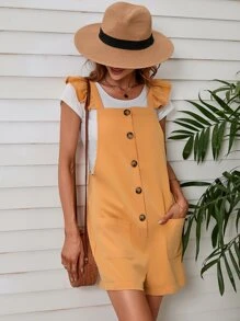 Ruffle Trim Dual Pocket Overall Romper - Yellow - View 1