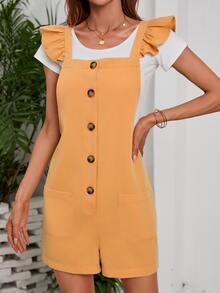 Ruffle Trim Dual Pocket Overall Romper - Yellow - View 5