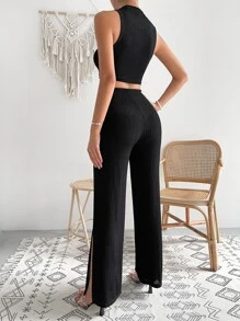 SHEIN Essnce Mock Neck Tank Top & Split Hem Trousers - Black - View 2