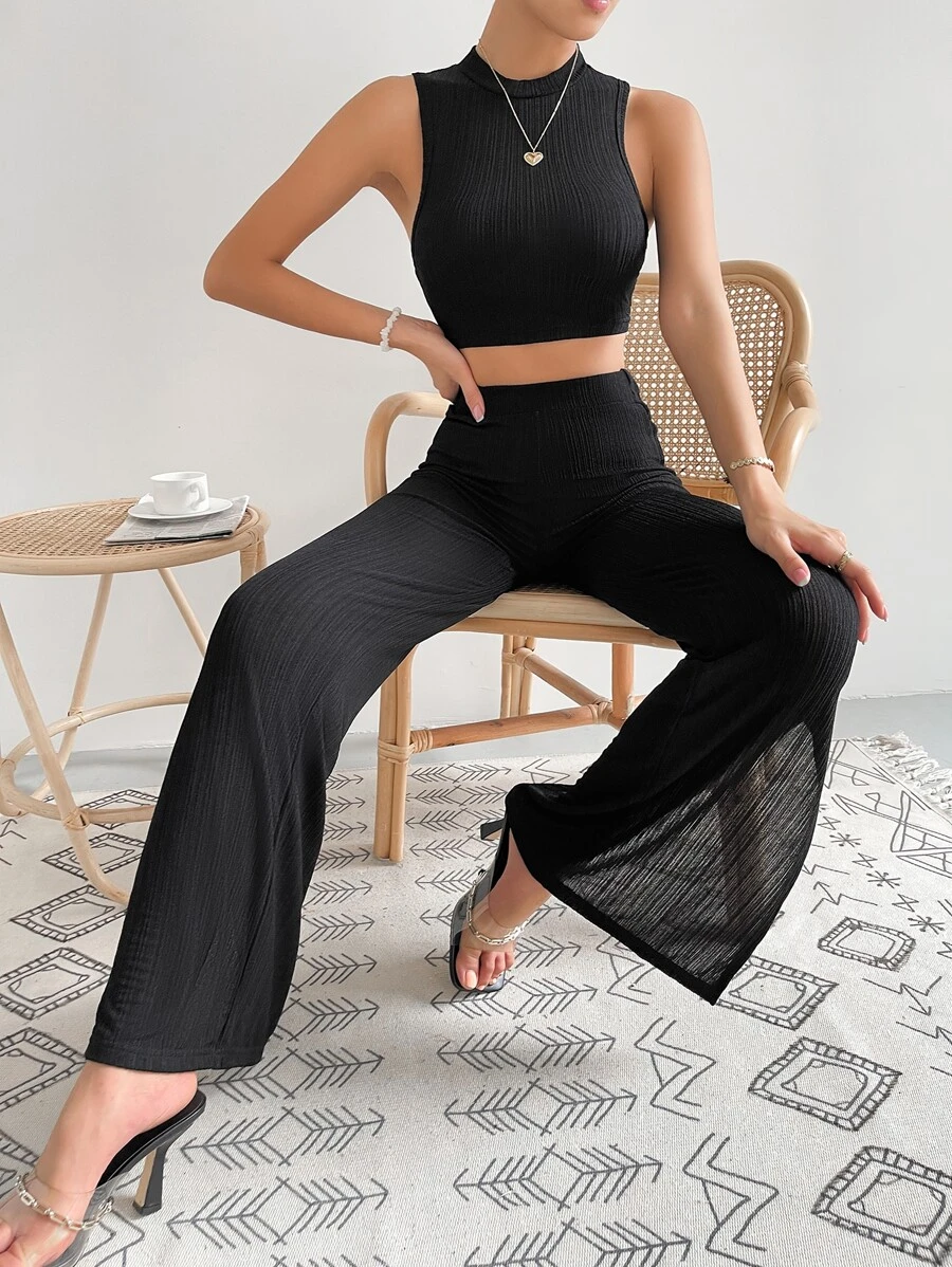 SHEIN Essnce Mock Neck Tank Top & Split Hem Trousers - Black - View 1