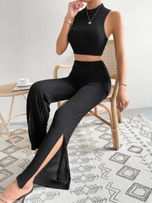 SHEIN Essnce Mock Neck Tank Top & Split Hem Trousers - Black - View 6