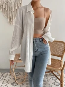 SHEIN EZwear White Women ShirtDrop Shoulder Button Up Beach Shirt - White - View 3