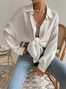 SHEIN EZwear White Women ShirtDrop Shoulder Button Up Beach Shirt - White - View 4