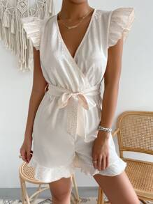 緞面提花交疊領荷葉邊腰帶連身短褲 - 杏色 - 查看 1