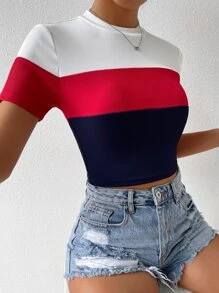 SHEIN EZwear 撞色小高領條紋針織T恤