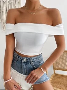 SHEIN Privé Top de hombros descubiertos tejido de canalé - Blanco - Ver 1