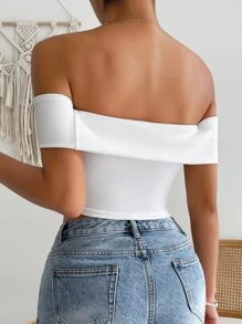 SHEIN Privé Top de hombros descubiertos tejido de canalé - Blanco - Ver 2
