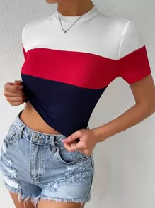 SHEIN EZwear 撞色小高領條紋針織T恤