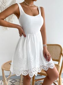 SHEIN Unity Ribbed Knit Contrast Eyelet Embroidery Dress - White - View 3