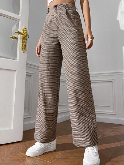 SHEIN EZwear Pantalones con estampado de cuadros de talle alto