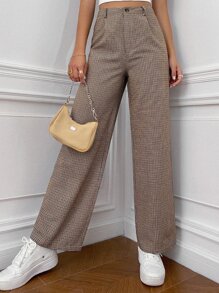 SHEIN EZwear Pantalones con estampado de cuadros de talle alto - Café integral - Ver 4