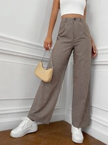 SHEIN EZwear Pantalones con estampado de cuadros de talle alto - Café integral - Ver 5