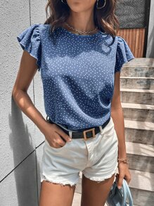 SHEIN Privé 波點圖案蝴蝶袖襯衫 - 藍色 - 查看 5