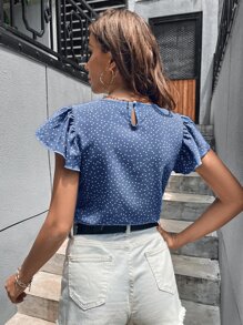 SHEIN Privé 波點圖案蝴蝶袖襯衫 - 藍色 - 查看 2