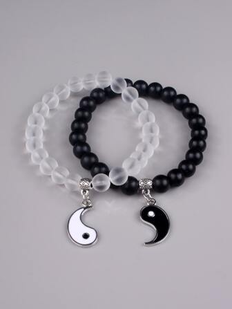 Fashionable and Popular Men's 2pcs Couple Yin & Yang Charm Beaded Bracelet for Jewelry Gift and for a Stylish Look