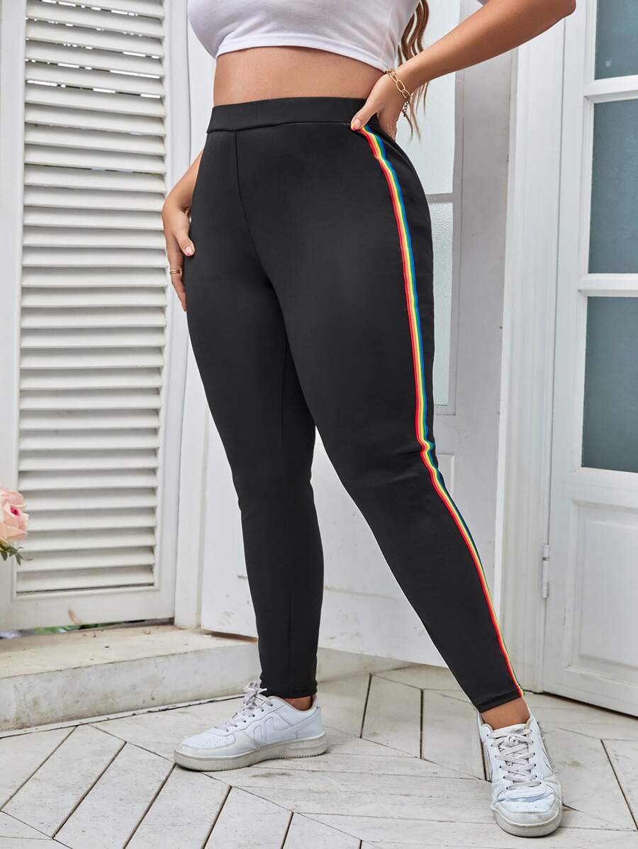 Plus Contrast Rainbow Striped Tape Leggings - Black - View 1