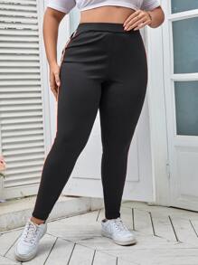 Plus Contrast Rainbow Striped Tape Leggings - Black - View 3