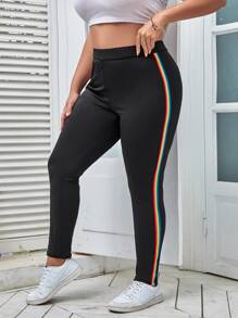 Plus Contrast Rainbow Striped Tape Leggings - Black - View 4
