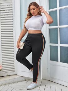 Plus Contrast Rainbow Striped Tape Leggings - Black - View 5