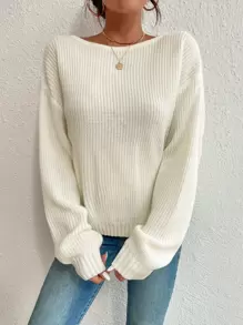 EURMUSE Pearls Chain Twist Back Drop Shoulder Sweater - Beige - View 5