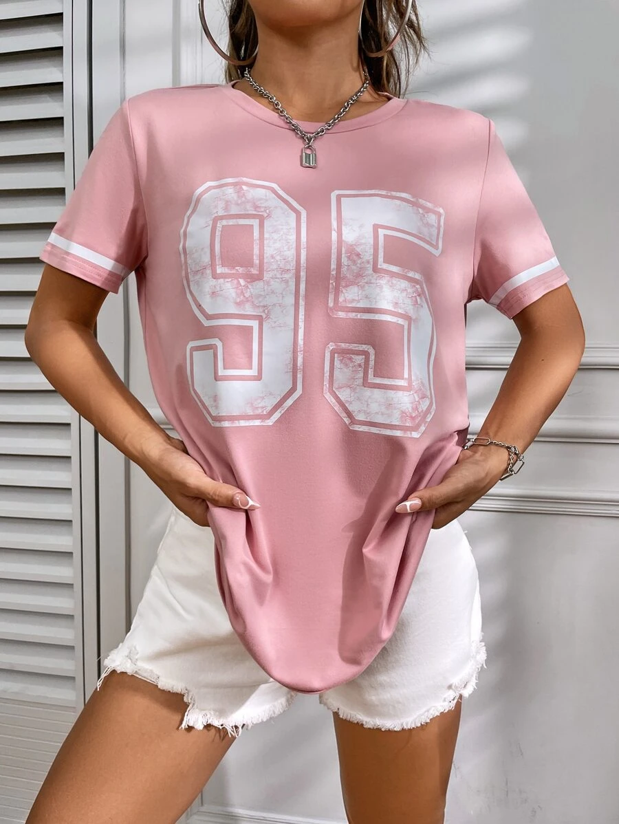 SHEIN EZwear Women's Casual Loose Fit Numeric Print Round Neck Short Sleeve T-Shirt, Versatile - Pink - View 1