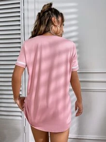 SHEIN EZwear Women's Casual Loose Fit Numeric Print Round Neck Short Sleeve T-Shirt, Versatile - Pink - View 2