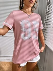 SHEIN EZwear Women's Casual Loose Fit Numeric Print Round Neck Short Sleeve T-Shirt, Versatile - Pink - View 6